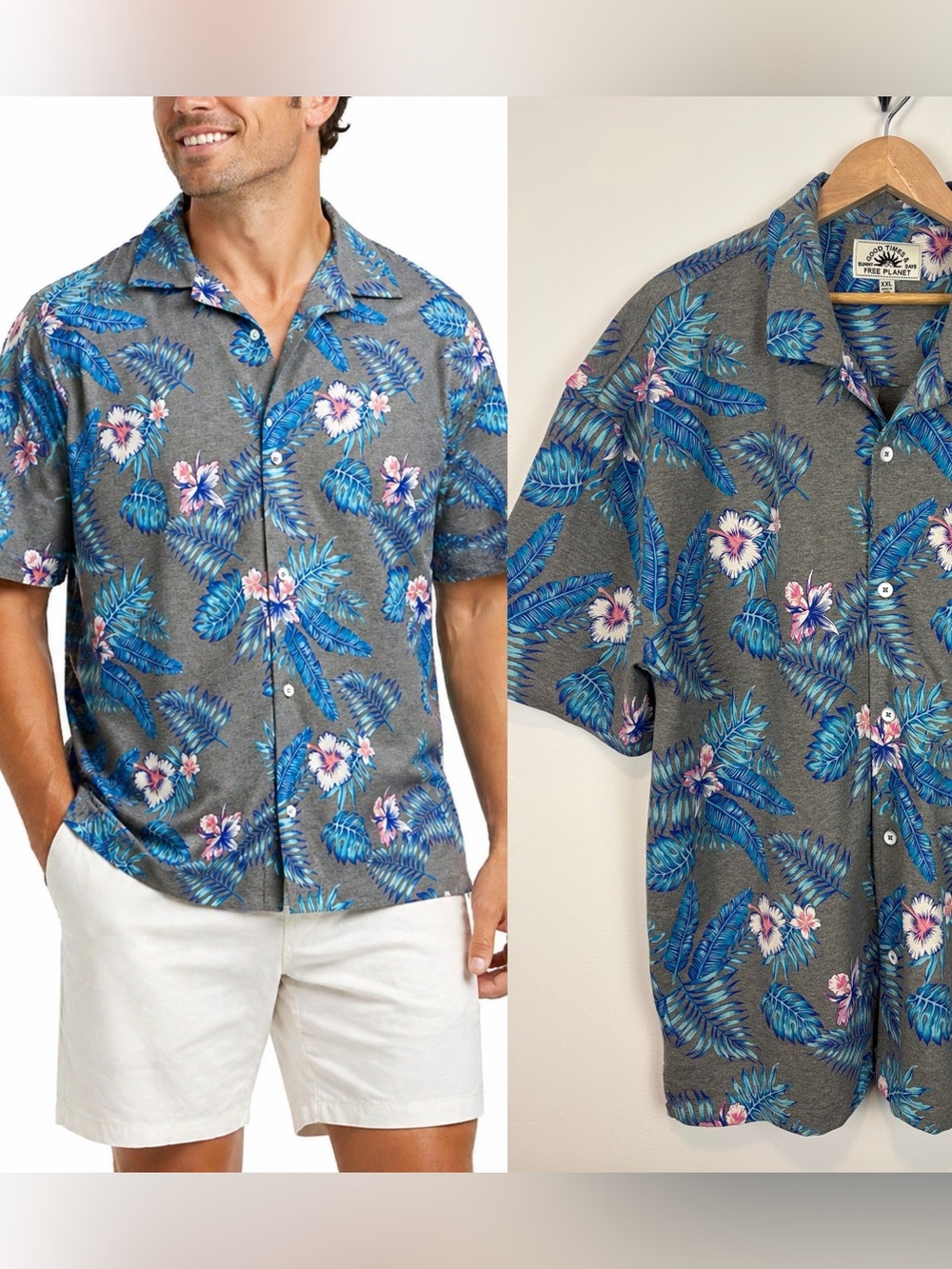 Free Planet Hawaiian Shirt XXL Blue Tropical Floral Button Up Resort Camp Shirt